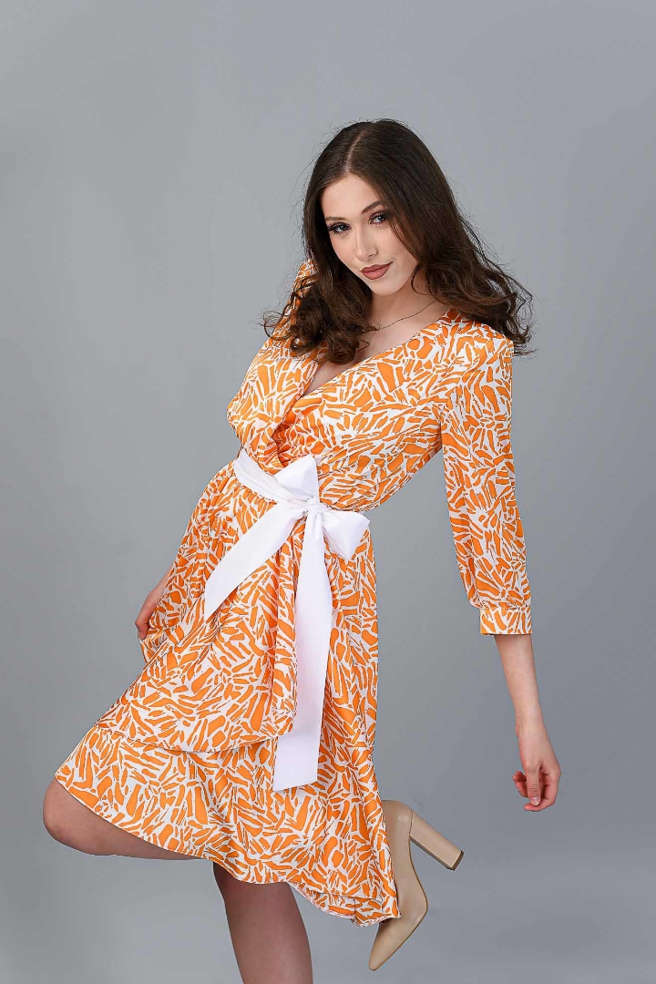 Imagine Rochia Leontine Orange cu Imprimeu
