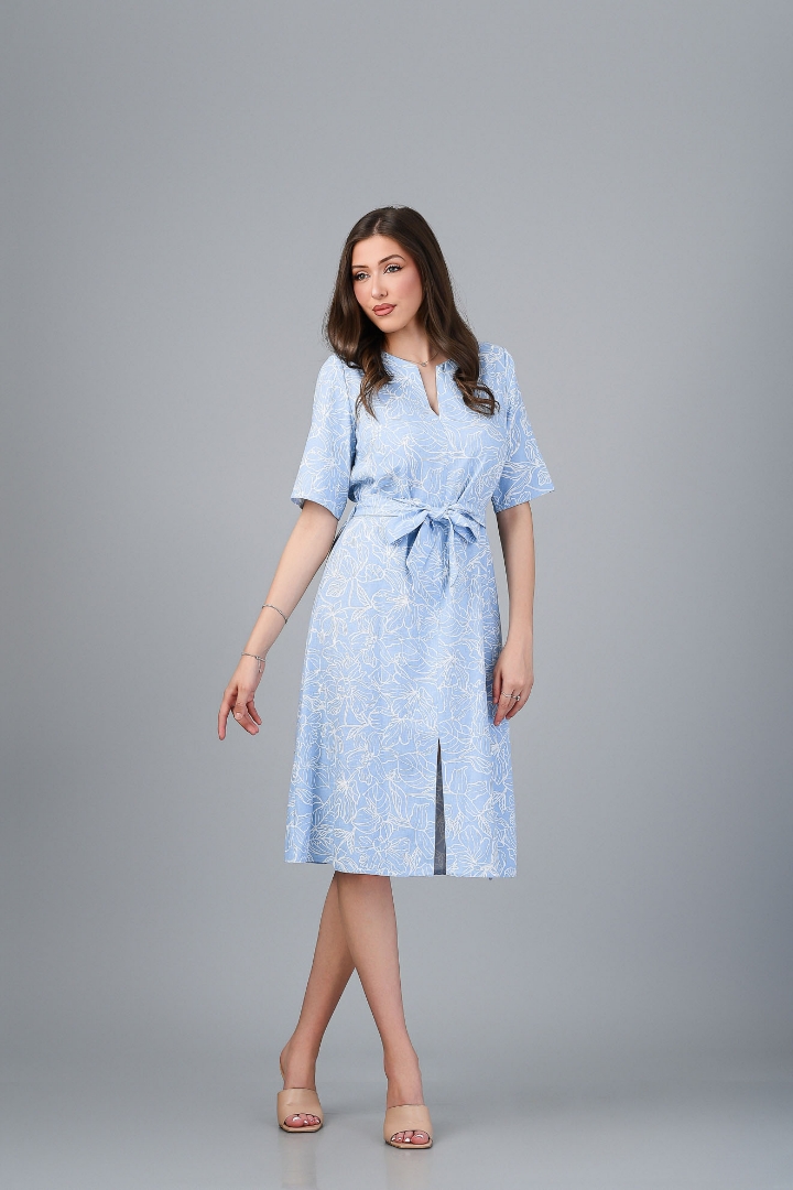Imagine Rochia Roxana imprimeu bleu din in