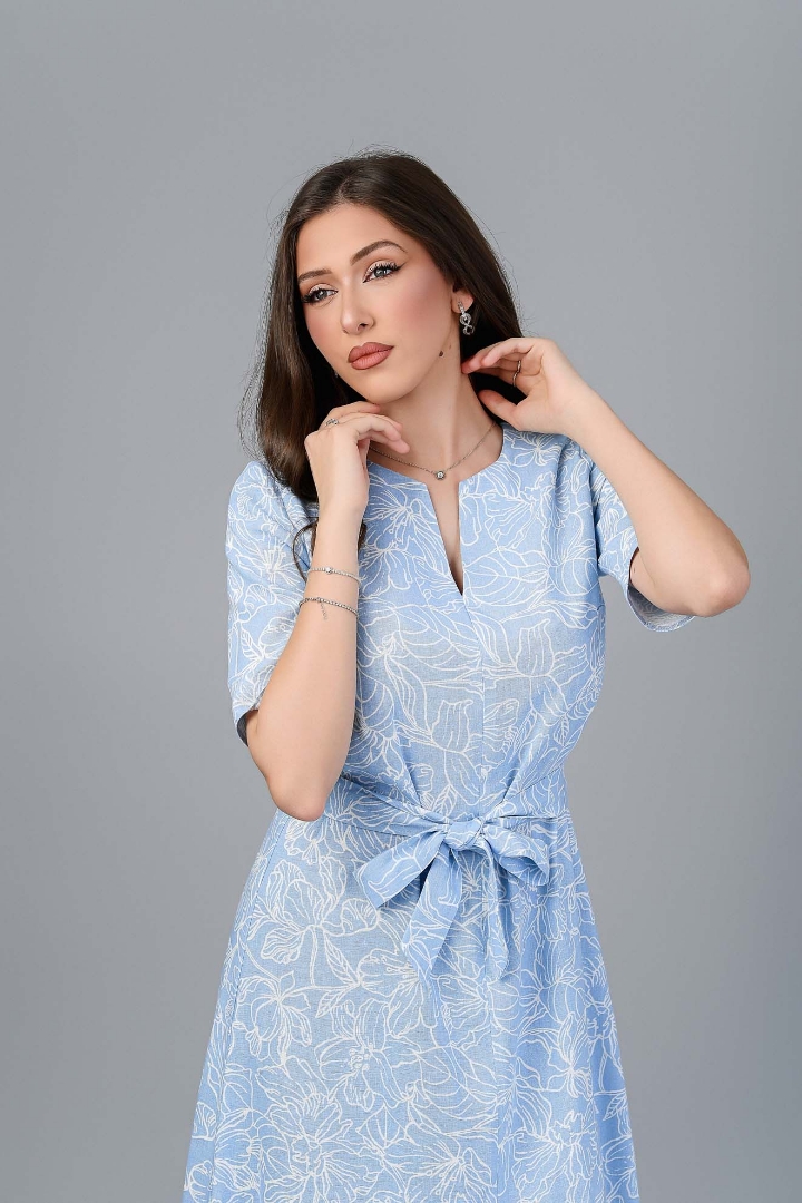 Imagine Rochia Roxana imprimeu bleu din in