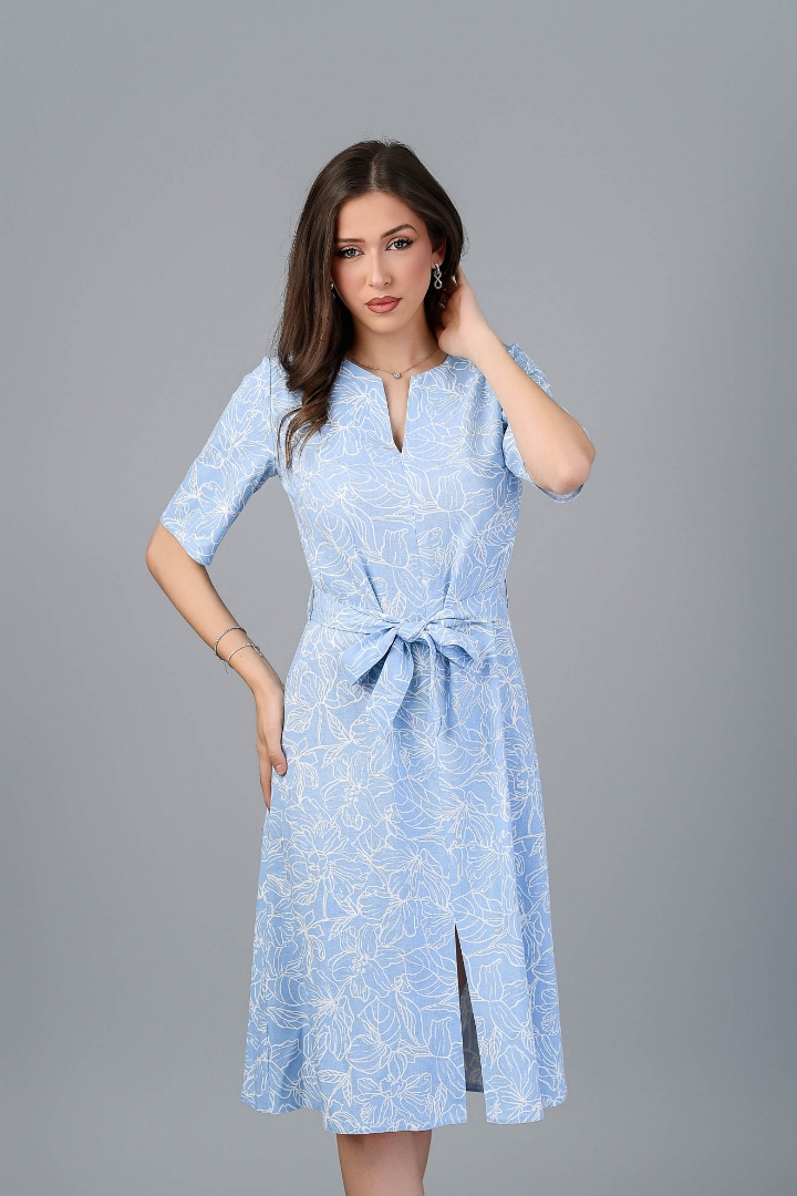 Imagine Rochia Roxana imprimeu bleu din in